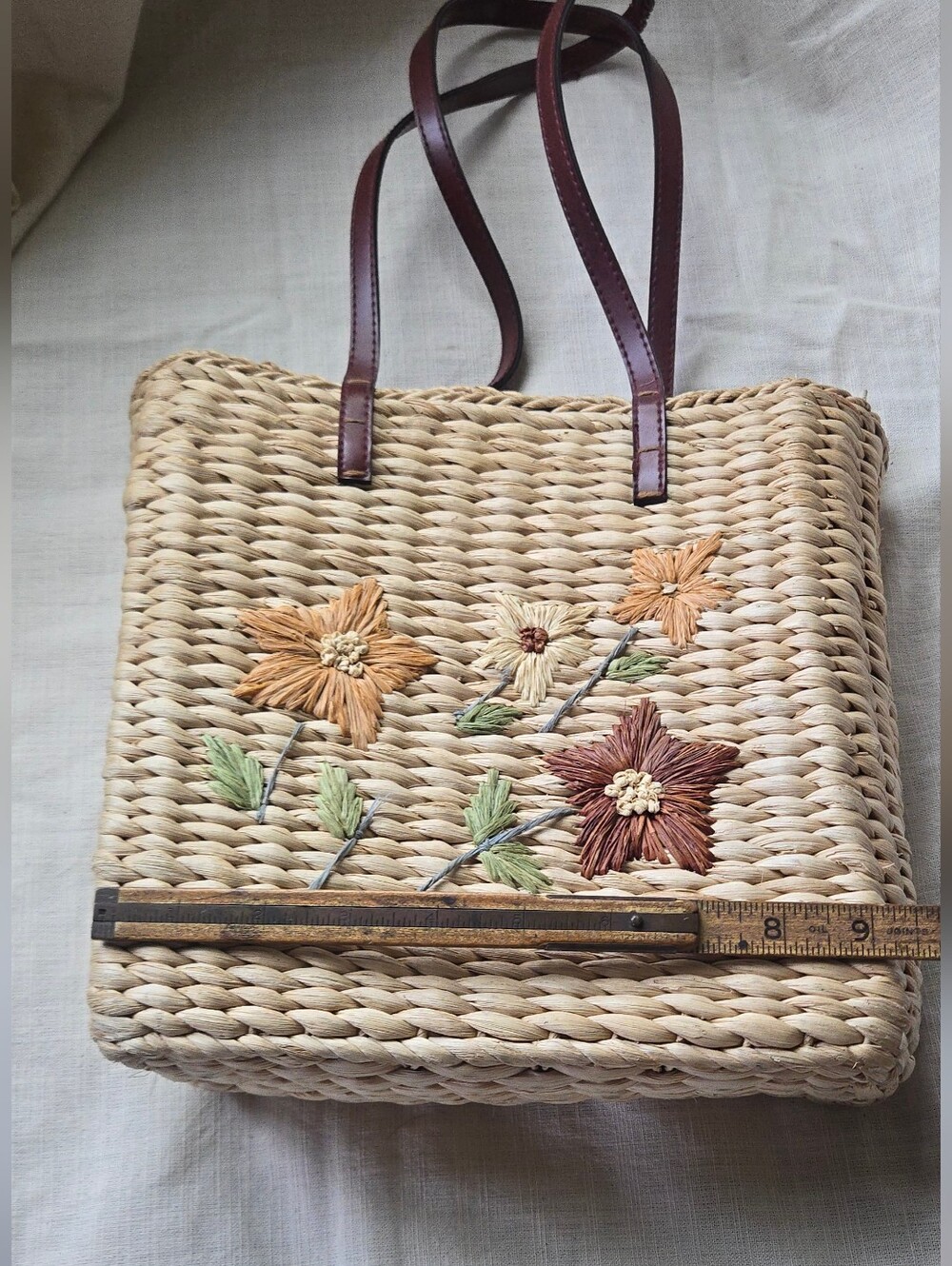 Woven Straw Tote with Floral Motif - Brown Straps - Picture 2 of 8
